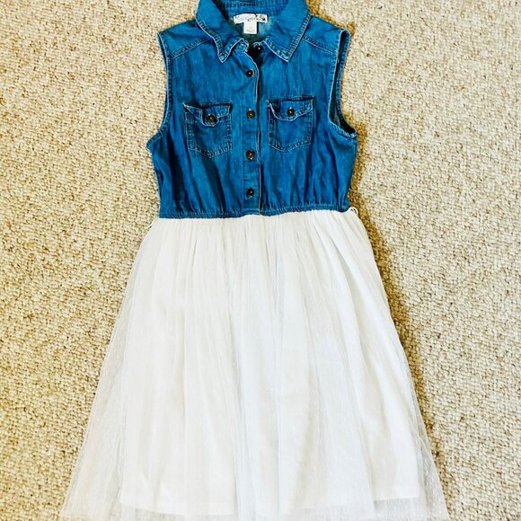 Knit Works Denim Cifon Flared Girls Dress 12 Knitworks Blue White - Picture 8 of 9